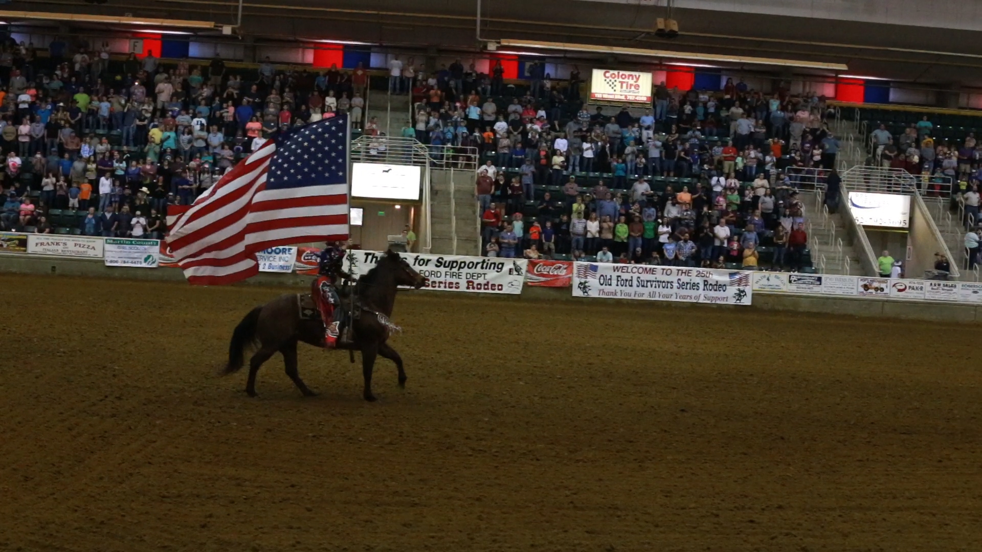 Crowd watching amercian flag on a horse.